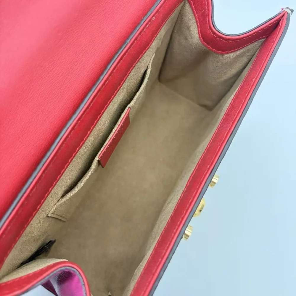 Gucci Pink-Red Leather & GG Canvas Shoulder Bag with Gold Hardware - Picture 4 of 4